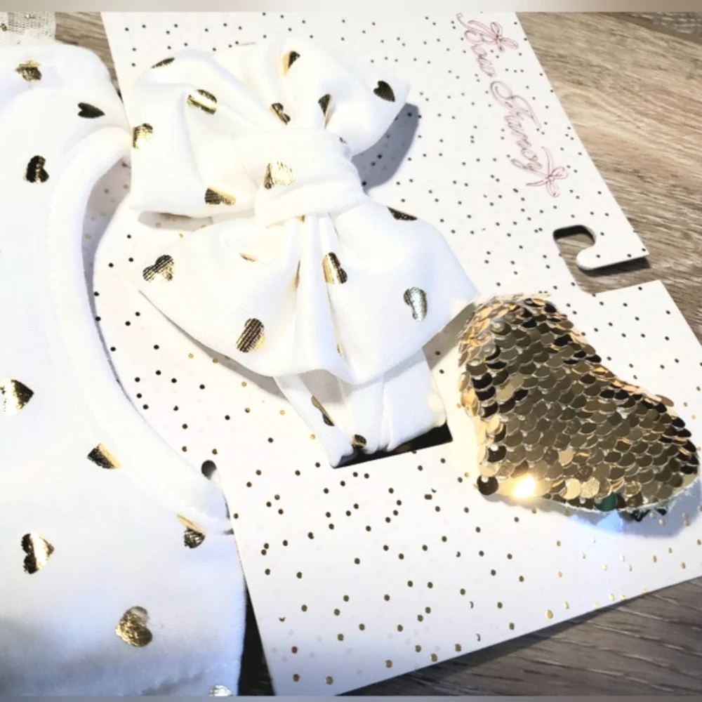 White And Gold Heart Baby Bib and Bow Set